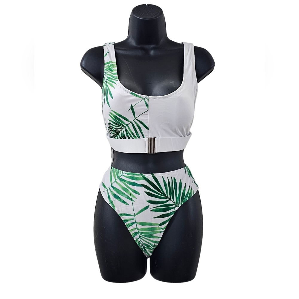 Coeur de Vague | Green & White Leaf Zip-Up Bikini Top & Bottoms - Size MEDIUM